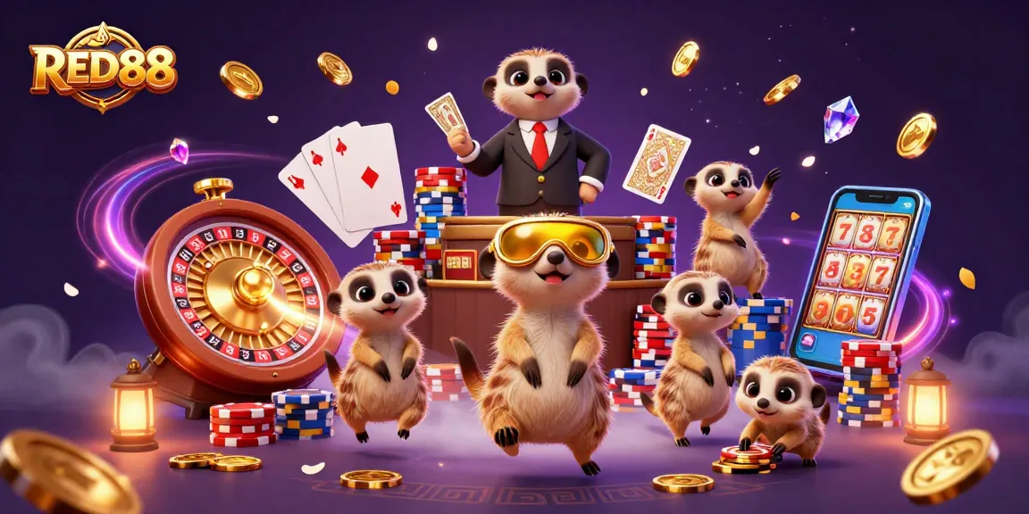 Experience the excitement of RED88 as playful meerkats run a vibrant casino, surrounded by dazzling game elements.