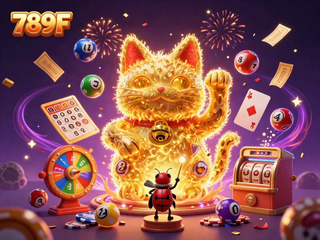 Experience the vibrant excitement of 789F with a lucky cat surrounded by dynamic casino symbols and lottery elements.