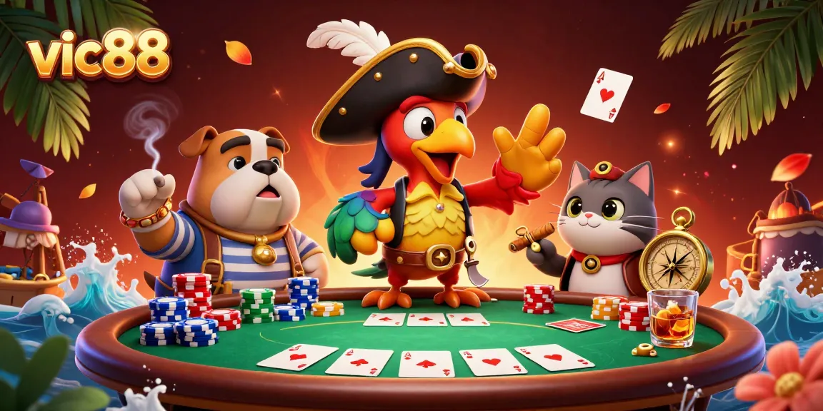 Experience thrilling action at vic88 with a vibrant casino scene featuring characters and poker elements.