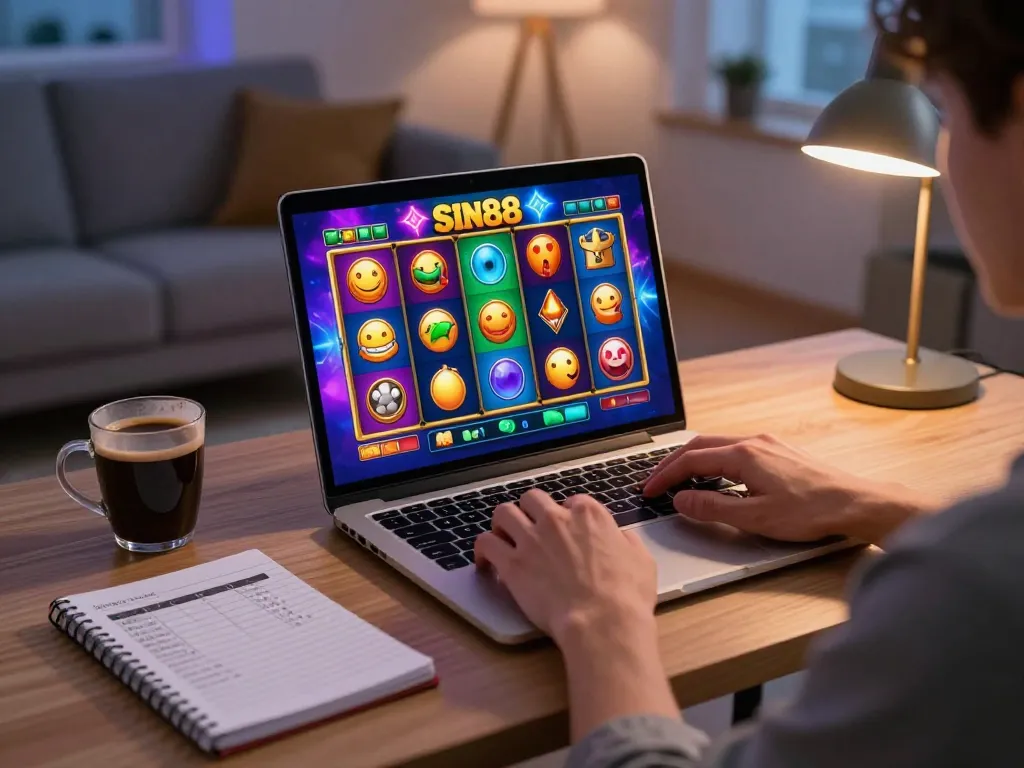 Engaging in sin88 slot gameplay while enjoying a cozy home atmosphere with strategy notes.