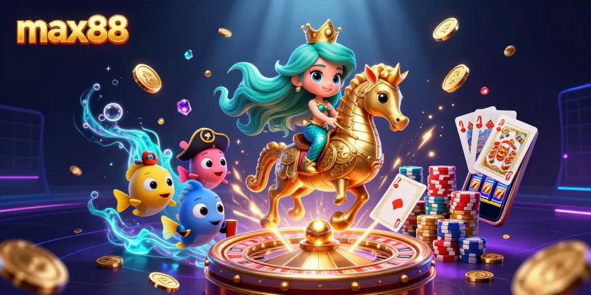 Experience max88's dynamic casino adventure with a mermaid, seahorse, and casino elements.