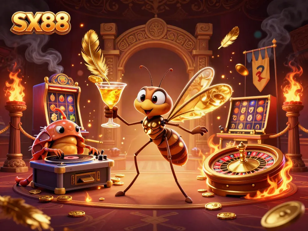 SX88 showcases a vibrant casino scene with a golden cocktail mascot and roulette wheel action.