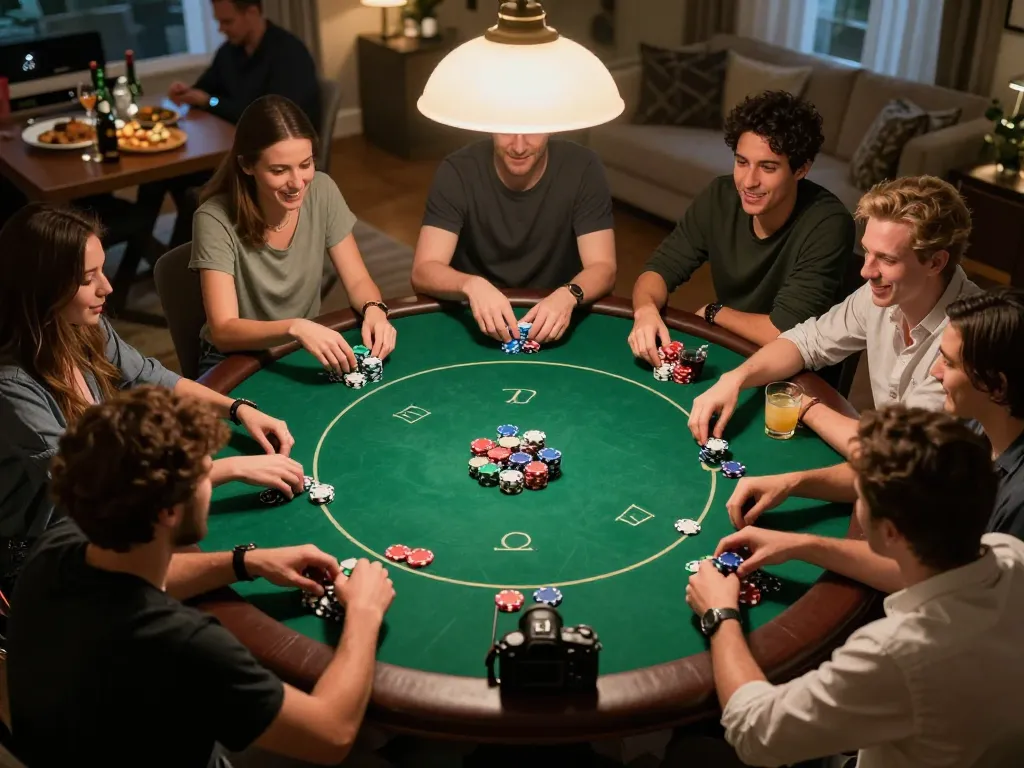 Players engaged in a lively home poker game at table, showcasing the excitement of max88s strategy.