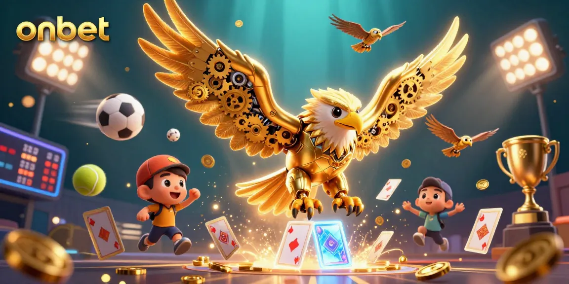Engage with onbet experiences featuring a 3D golden eagle diving through holographic playing cards and sports elements.