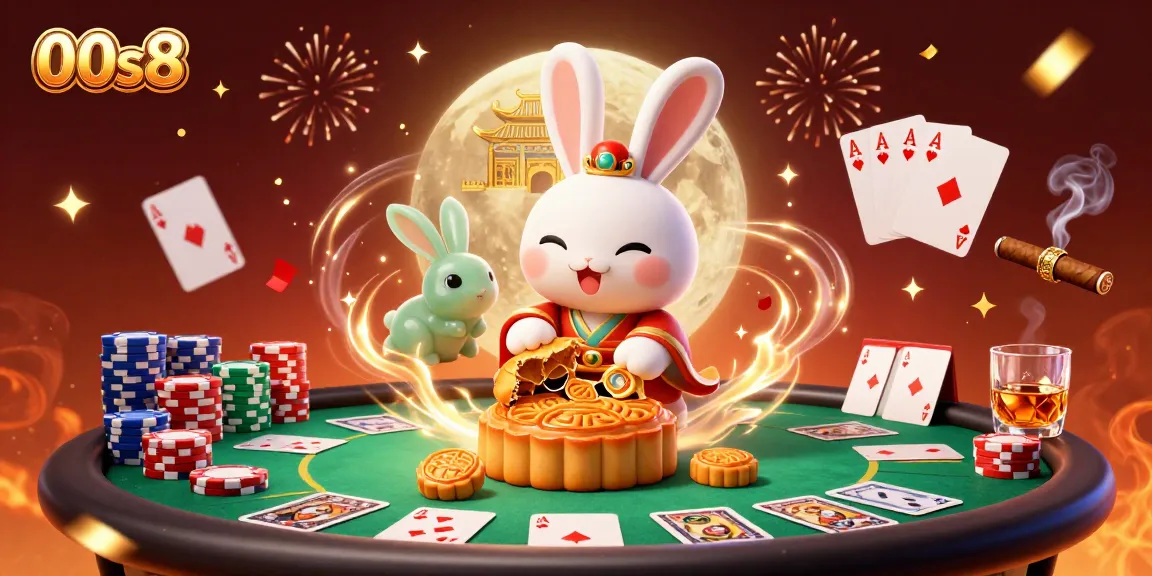 Experience the excitement of 00s8 with a dynamic 3D scene showcasing a casino-style moon rabbit and poker-themed elements.