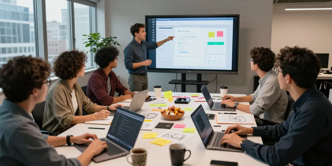 Build internal tools with AI, team collaborating on digital tool prototype in modern workspace.