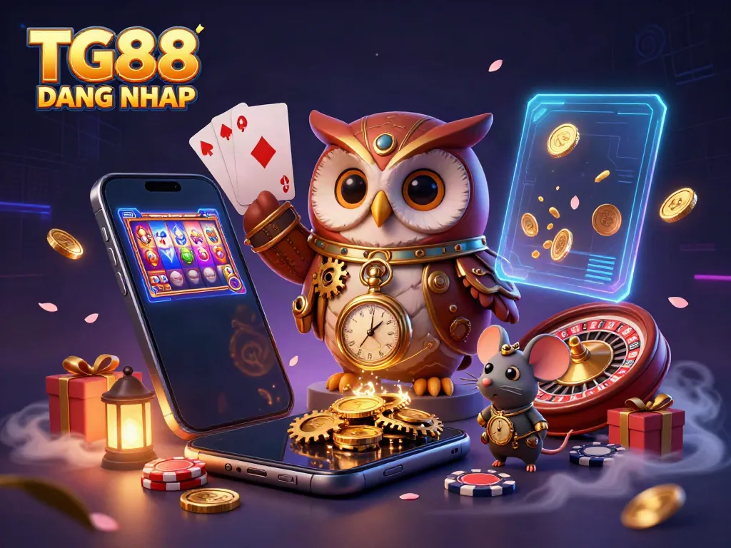 Experience bold gaming with TG88 DANG NHAP as a time-traveling owl and his companion explore a futuristic casino world.