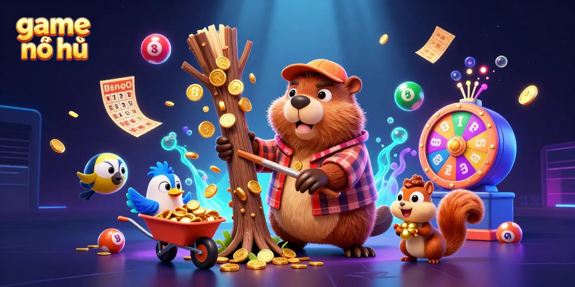 Play game nổ hũ with golden coins raining from the trees in a vibrant 3D illustration.