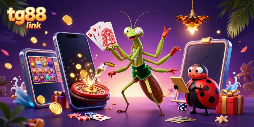 Engage with the tg88 link as the mantis dealer pours champagne amidst vibrant slot game elements.