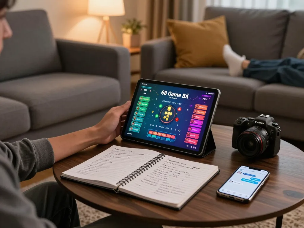 Engaging in 68 Game Bài online, showcasing strategy notes and cozy home atmosphere.