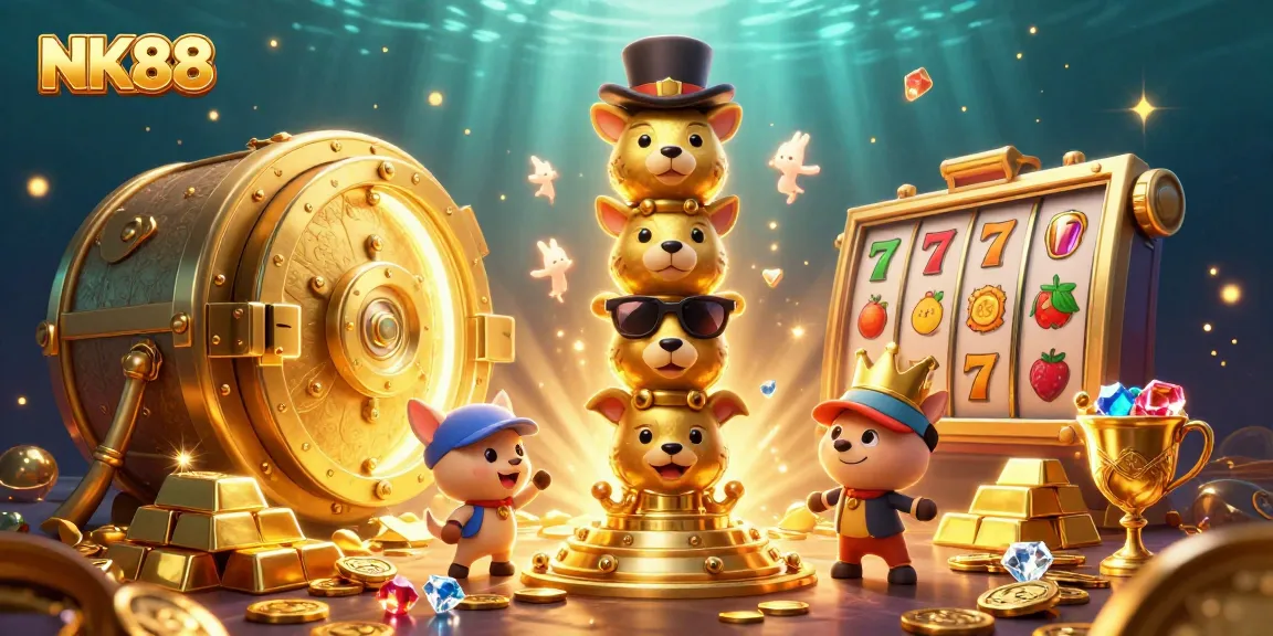 Spin the reels with NK88’s vibrant, colorful casino treasures in an engaging 3D scene.