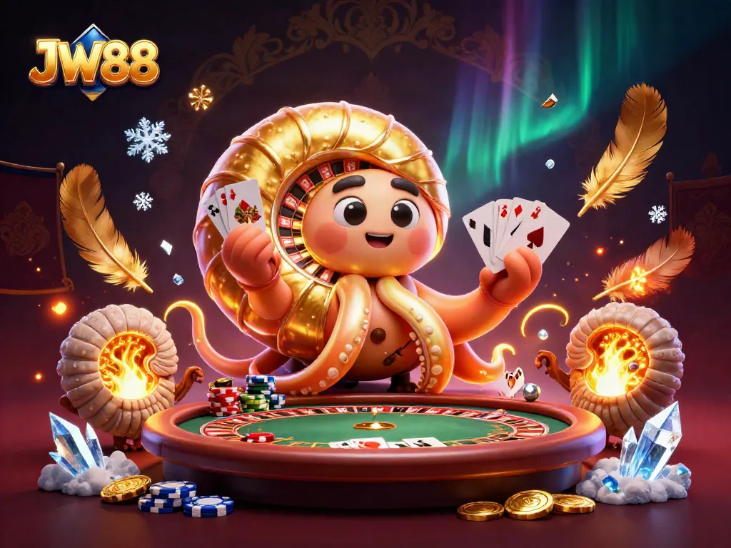 Engage in thrilling poker action with JW88's dazzling 3D casino illustration, showcasing vibrant game elements.
