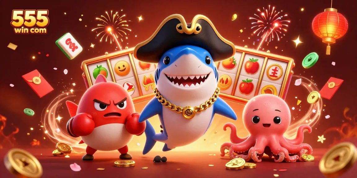 Spin the reels at 555win com with a vibrant 3D casino scene featuring festive characters and gold coins.