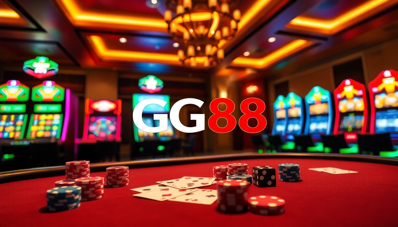 Engaging GG88 online casino scene with poker chips, cards, and vibrant slot machines activating excitement.