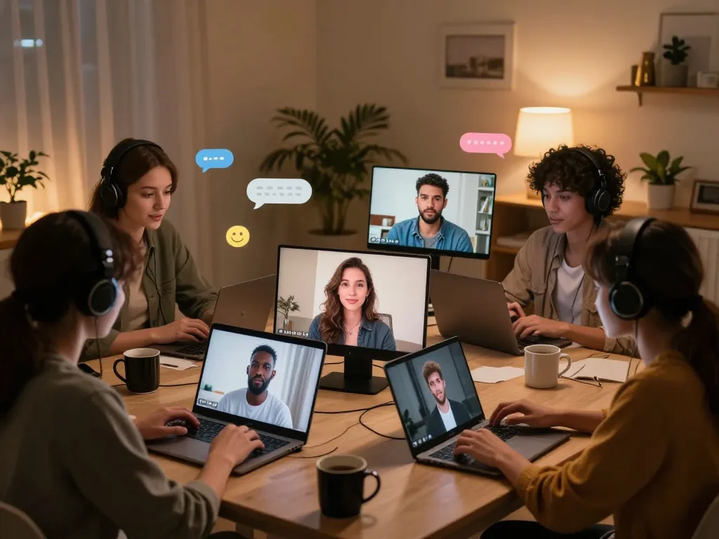 Engaging sex chat scene with diverse avatars chatting in a cozy digital room.