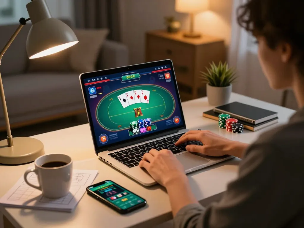 Link nhà cái Da88 portrayed with a player engaged in online poker strategy using a laptop and smartphone.