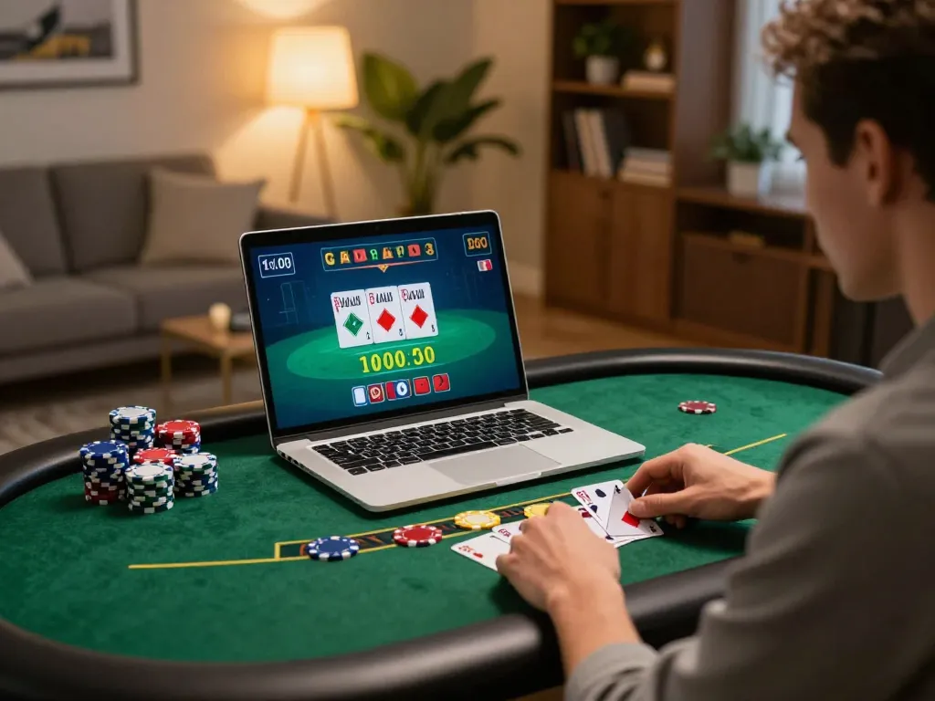 Engaged player at lv88 online casino enjoying live blackjack with chips and cards.