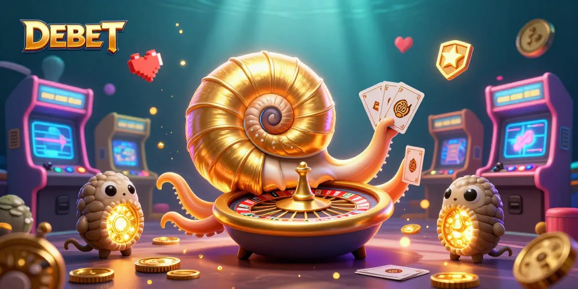 Engage with DEBET's exciting gameplay featuring a giant nautilus roulette wheel and glowing arcade elements.