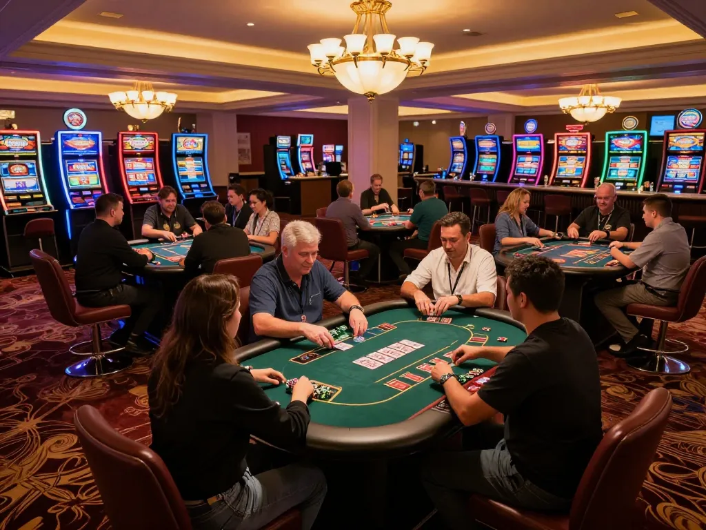Players enjoying a vibrant gaming experience at Sunwin casino with lively table games and slot machines.