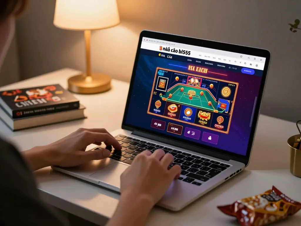 Engaging in online games with nhà cái bl555 using a laptop, focused on strategy and enjoyment