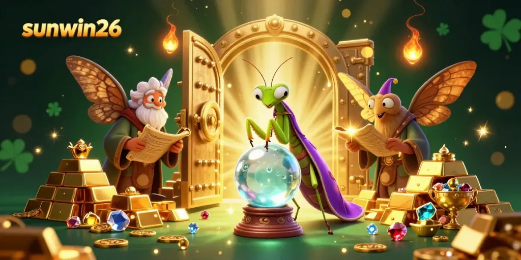 Experience the magic of sunwin26 with a dynamic 3D illustration of a mystical fortune teller and treasures.