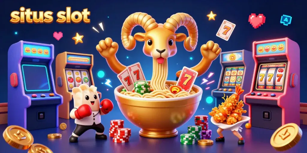 Experience the thrill of situs slot with a vibrant 3D casino scene showcasing unique characters and gaming elements.