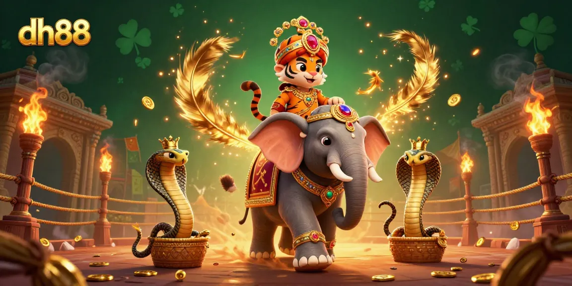 Engage with dh88's vibrant 3D casino adventure featuring a maharaja tiger, elephant, and cobra amidst fiery spectacle.