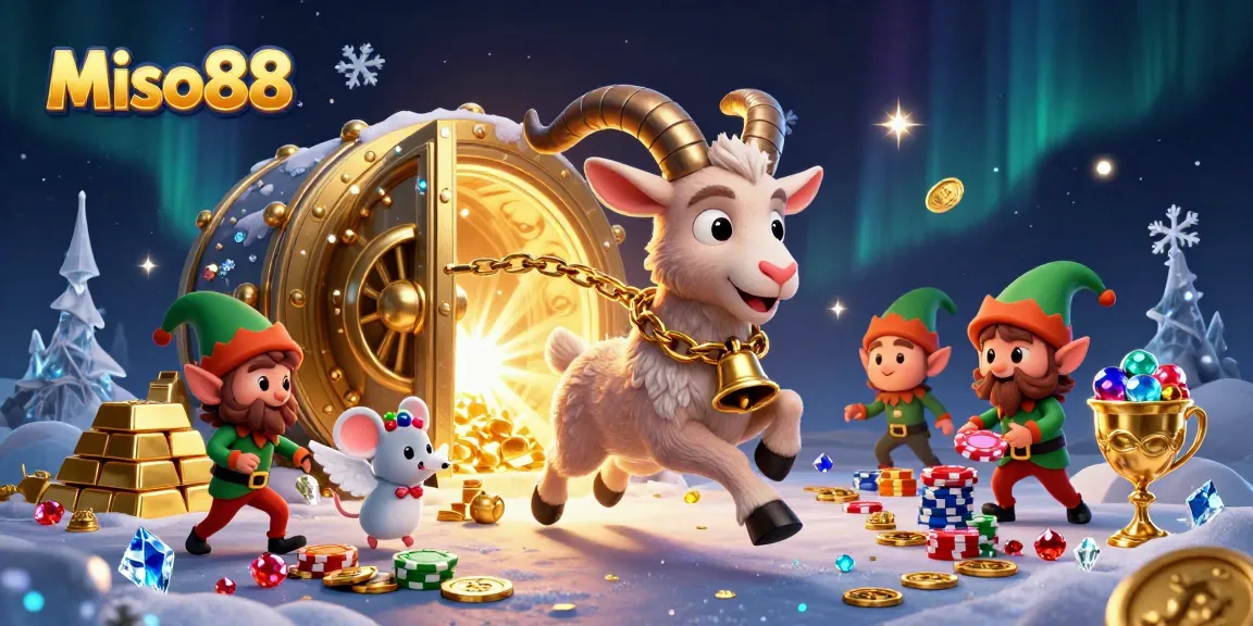Miso88 casino scene with Krampus goat, angel mouse, and elf gremlins stealing chips while surrounded by treasure.