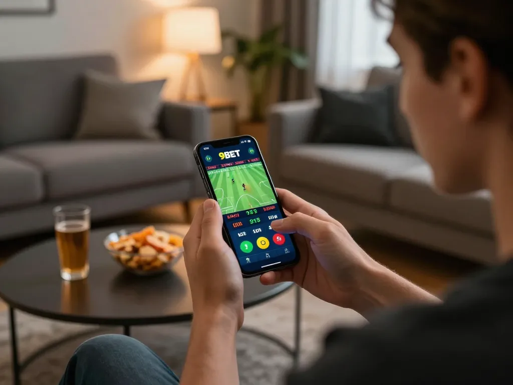 Engaging in dynamic gameplay on the 9BET app in a cozy home setting.