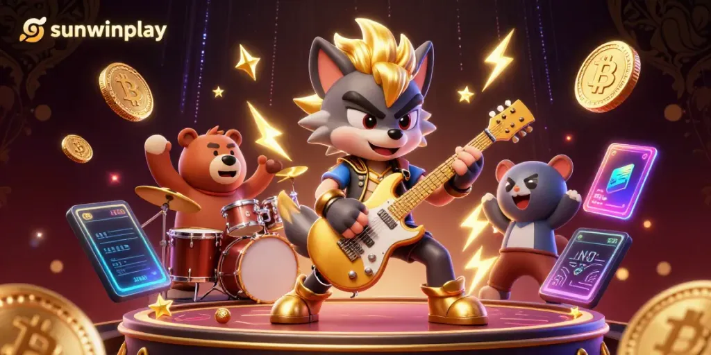 Experience the excitement of sunwinplay with a vibrant casino scene featuring a rock star wolf and a drummer bear enveloped in neon effects.
