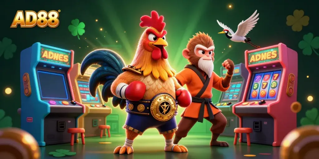 Experience the excitement of AD88 with our vibrant casino-themed 3D illustration, featuring dynamic characters and game elements.