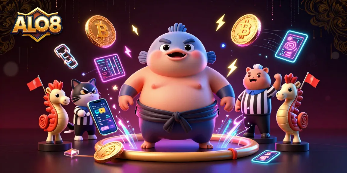 Join the fun at ALO8 with exciting underwater gambling scenes featuring a puffed fugu and vibrant crypto elements.