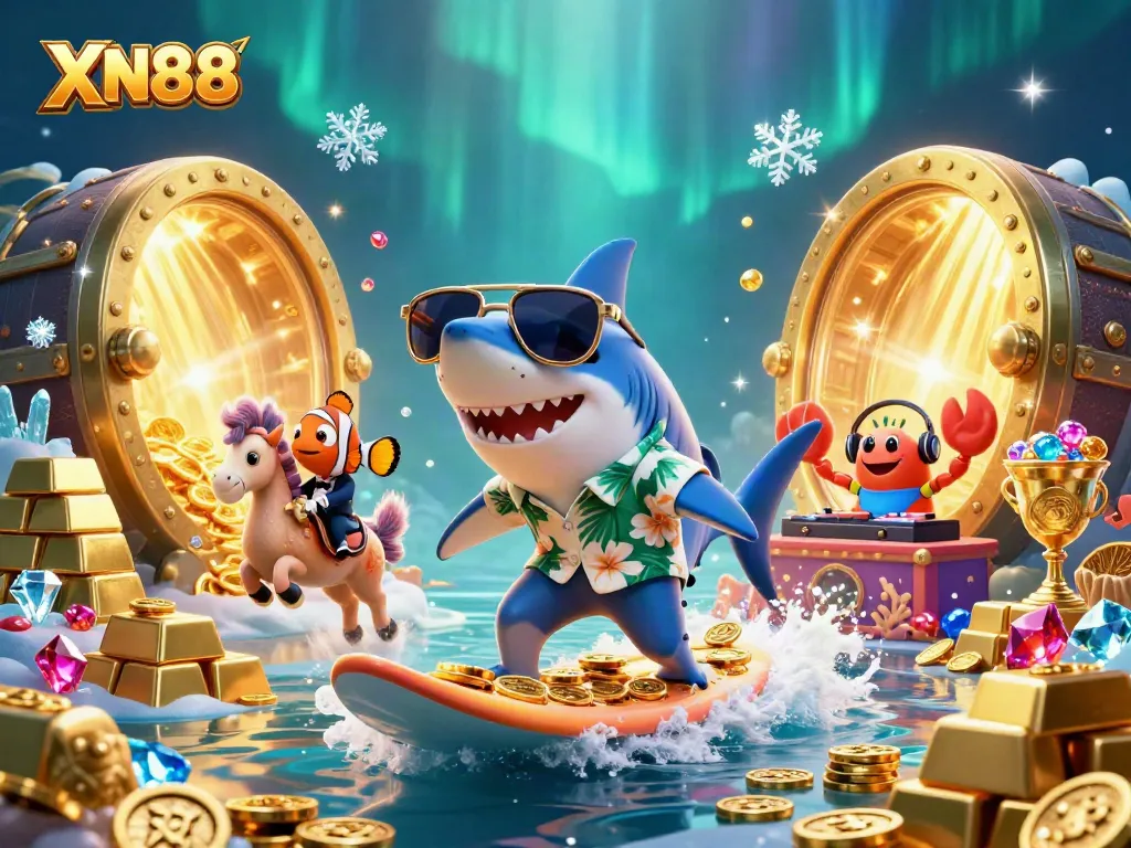 Experience thrilling gaming action with XN88 as a cartoon shark rides waves of coins in a vibrant underwater scene.