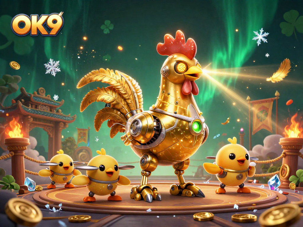 Experience OK9's vibrant gaming world with an energetic golden rooster and baby chick drones.