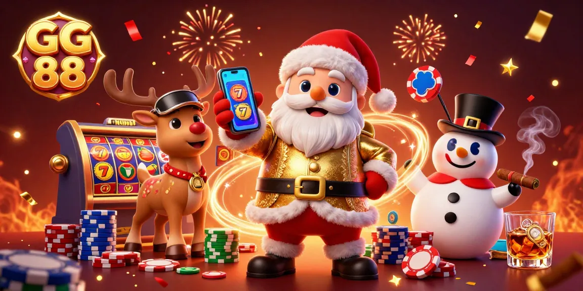 Play thrilling slots at GG 88 while enjoying a festive casino atmosphere with Santa and friends.