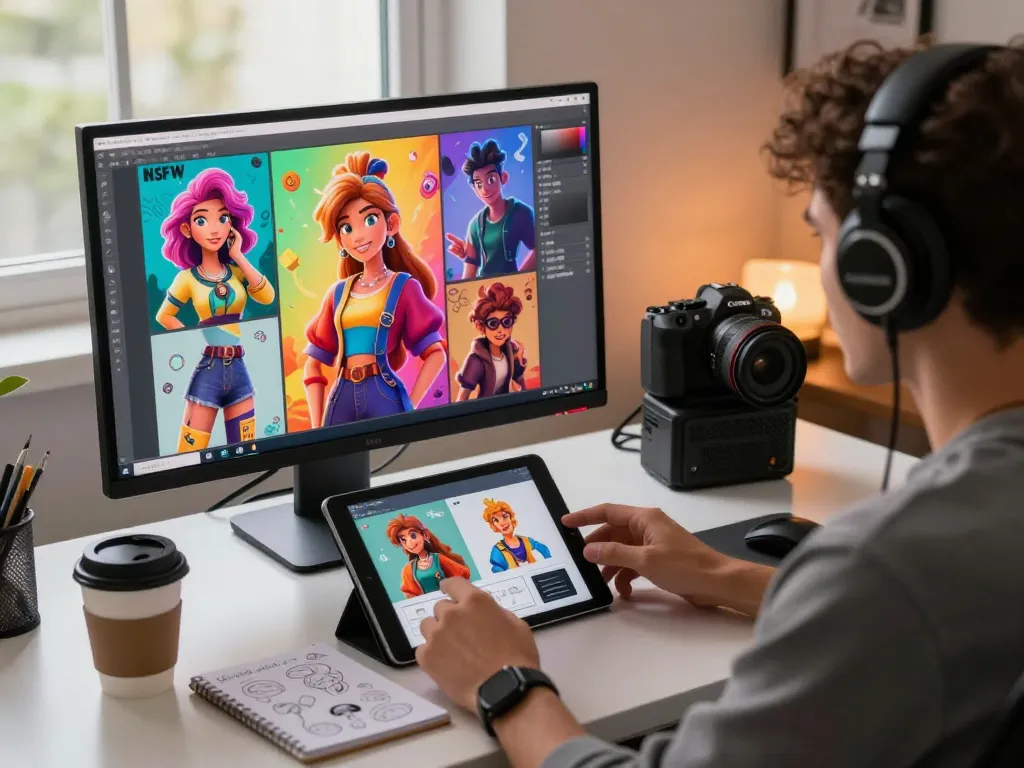 User exploring AI nsfw character designs on a modern desktop setup, showcasing creativity and technology integration.