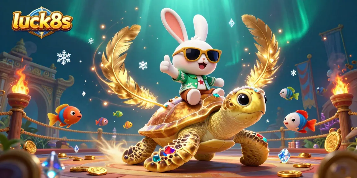 Winning big at luck8s with a lucky rabbit and golden turtle in an exciting casino scene.