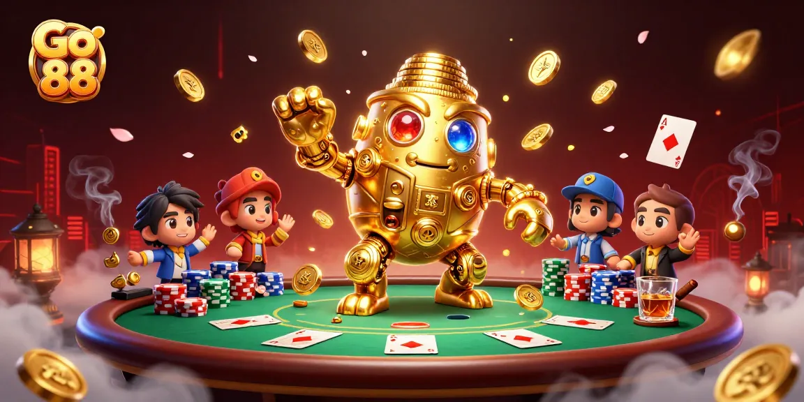 Experience Go 88's thrilling casino adventure with an energetic poker scene and a golden golem!