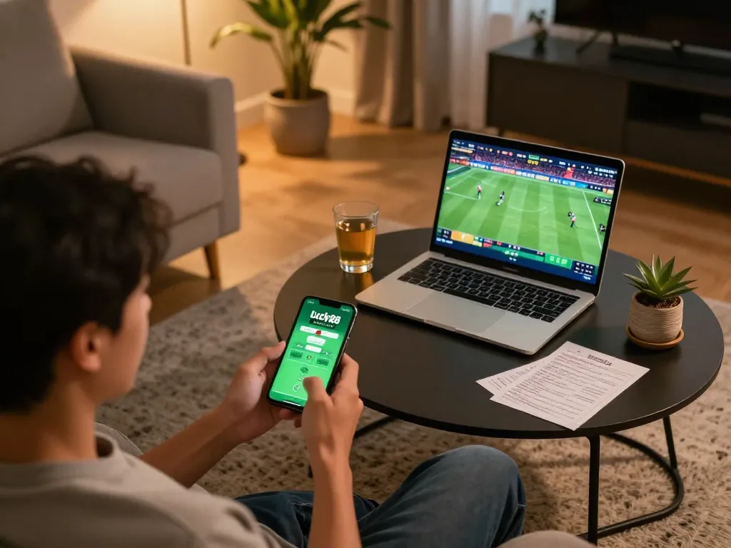 Engaging with the Trang chủ Lucky88 mobile app while betting on sports in a cozy home.
