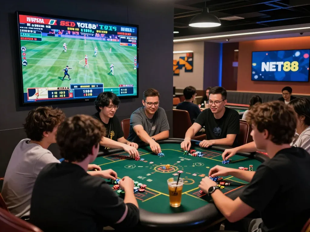 Exciting NET88 betting scene with diverse players engaged in live sports betting atmosphere