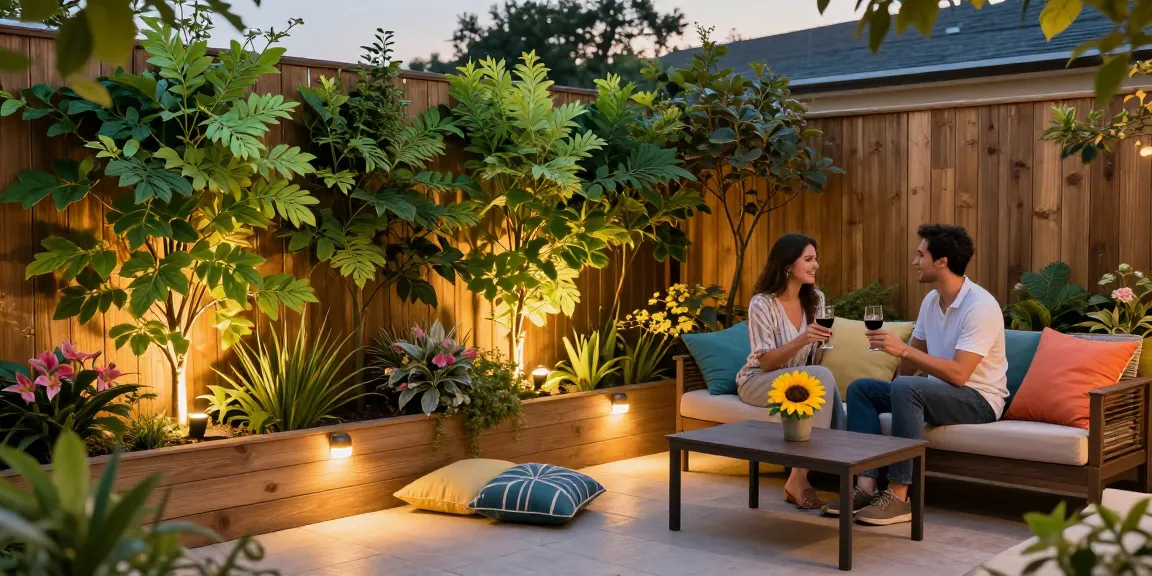 Leafly kunsthagen verbeteren de sfeer van een patio met levendige begroeiing en gezellige zitplaatsen.