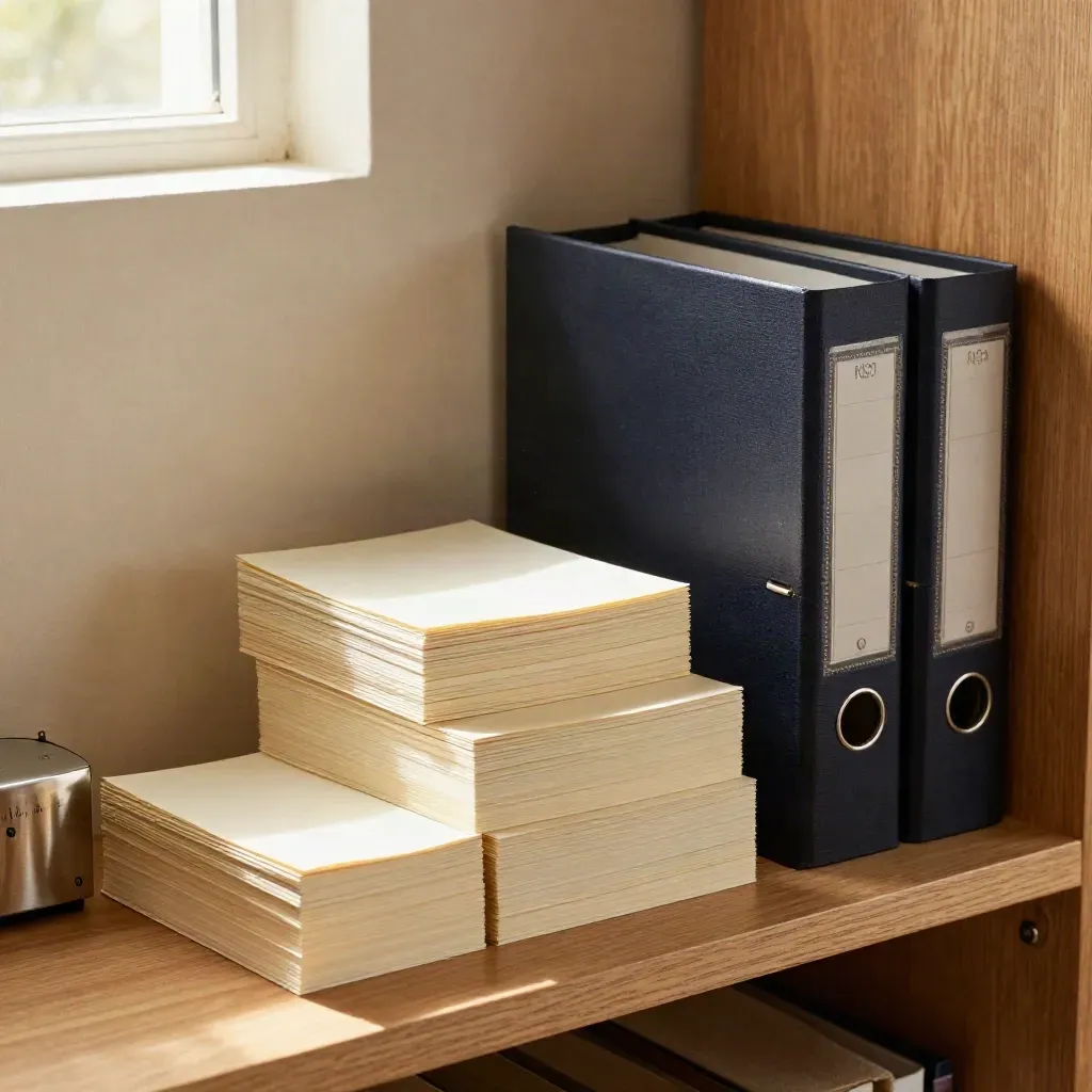 Drie stapels taakkaarten met timer en twee gesloten binders in warm kantoorlicht.