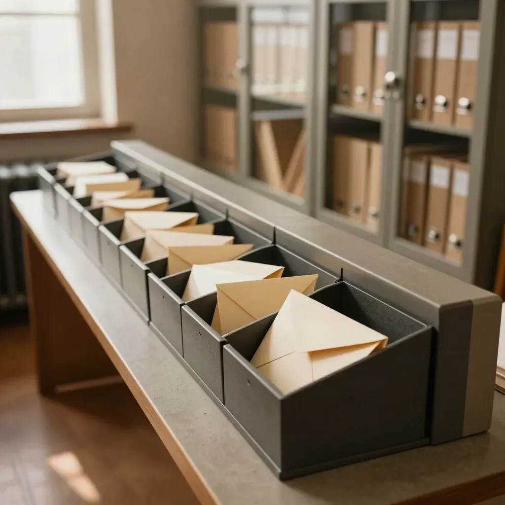 Mkb-kantoor met postbakjes, gesloten enveloppen en archiefkast in warm vensterlicht.