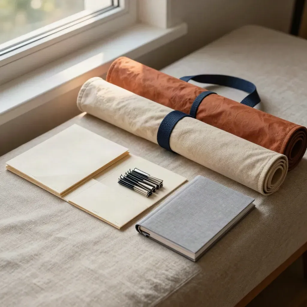 Rollout-kit in canvas tas, dividers en clips op een linnen bank in warm middaglicht.