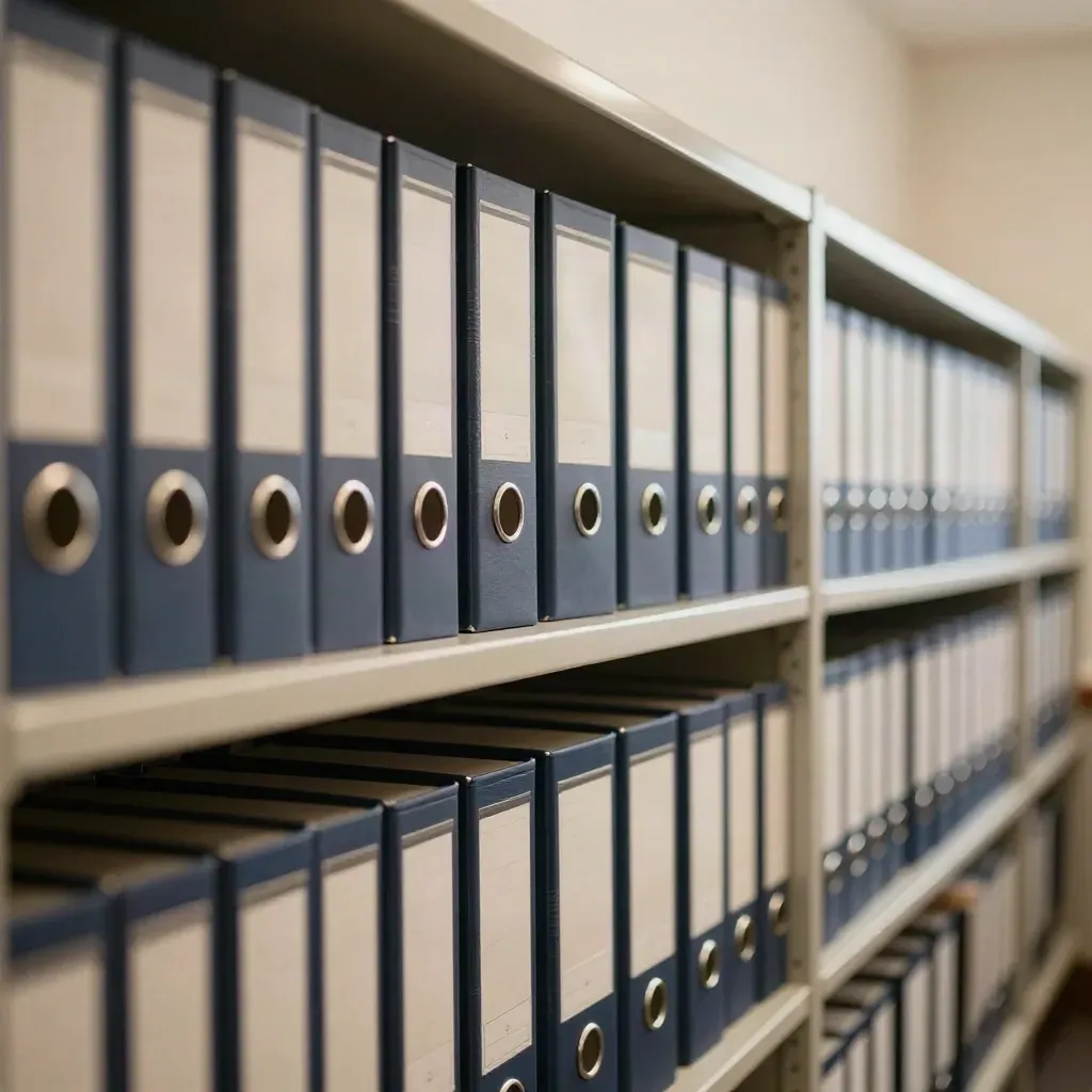 Gelijke archiefdozen en trays in een uniforme kastwand met navy accenten en dramatisch licht.