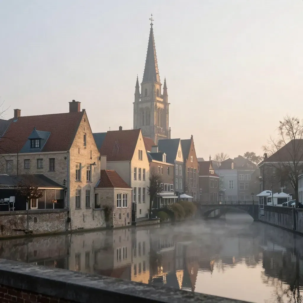 Domtoren boven grachtenpanden in ochtendmist met stil water