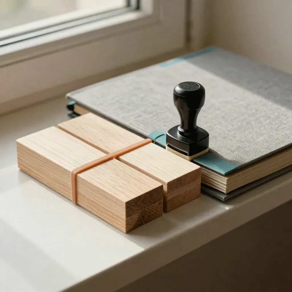 Houten blokken, elastieken, stempel en proefmap op een smalle lichte plank