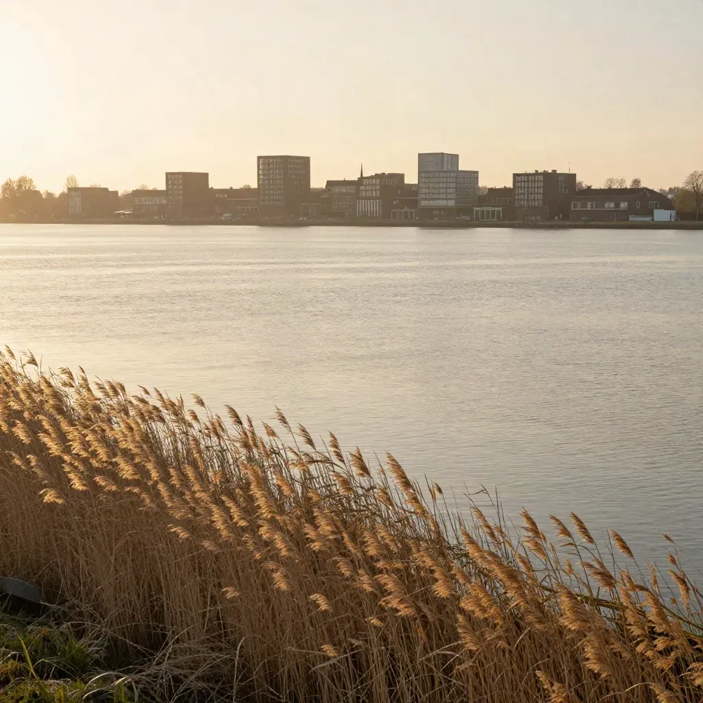 Randstad bij avond vanaf een dijk, met riet, water en zachte skyline in mist.