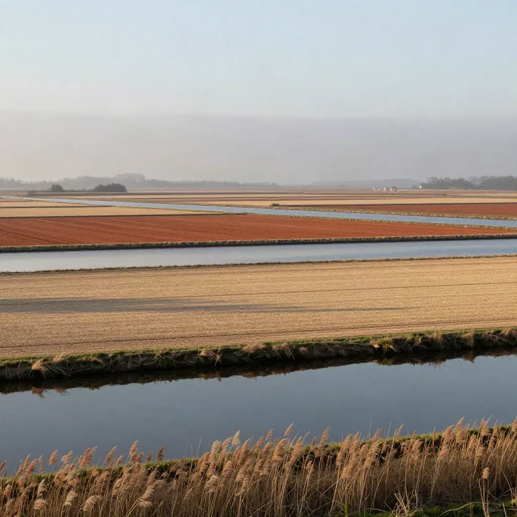 Mistige Nederlandse polders met waterlijnen en dijken onder zachte ochtendlucht.