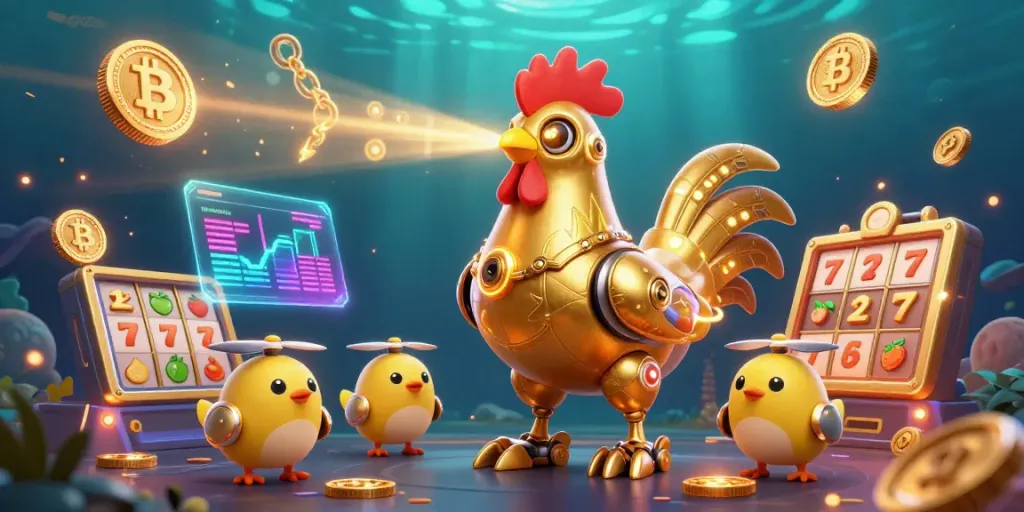 Engage with the thrilling gg88 casino experience through a vibrant scene of a golden rooster robot and baby chick drones amidst neon crypto elements.